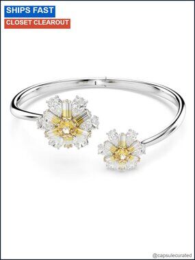 Swarovski Crystal Flower Bangle Bracelet Rhodium Plated Size S Statement Jewelry
